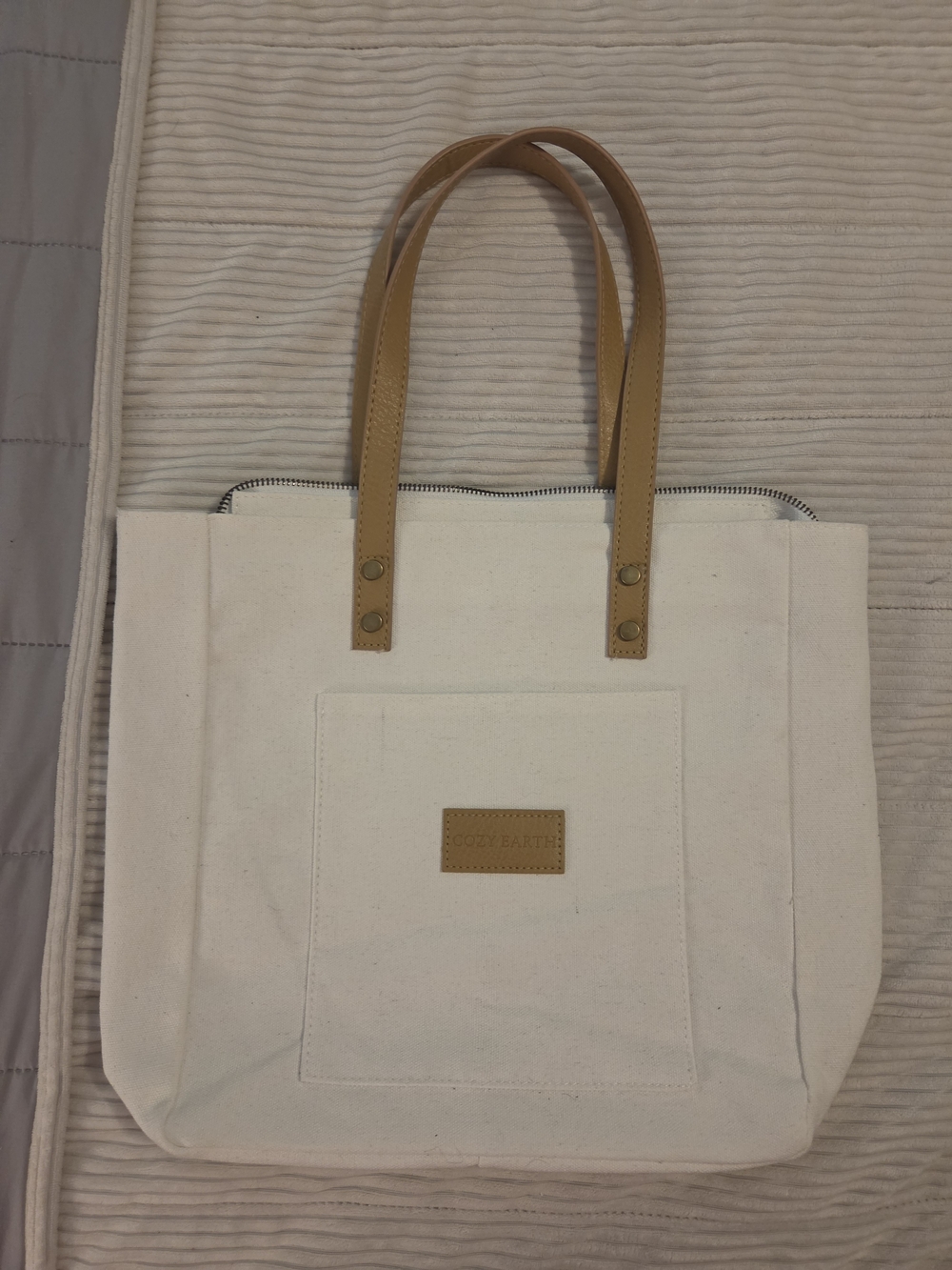 COZY EARTH Canvas off White Lined Tote Bag with Tan Vegan Leather Handles